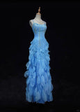 Pretty Blue Spaghetti Straps Sheath Chiffon Beaded Long Prom Dresses Sweet Birthday Evening Gowns HZ1108
