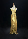 Elegant Yellow Halter Sheath Satin Long Prom Dresses Vintage Formal Evening Gowns HZ1108
