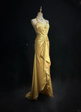 Elegant Yellow Halter Sheath Satin Long Prom Dresses Vintage Formal Evening Gowns HZ1108