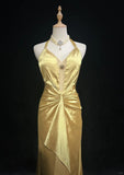 Elegant Yellow Halter Sheath Satin Long Prom Dresses Vintage Formal Evening Gowns HZ1108