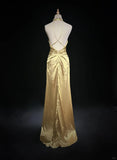 Elegant Yellow Halter Sheath Satin Long Prom Dresses Vintage Formal Evening Gowns HZ1108