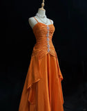 Gorgeous Orange Spaghetti Straps A-Line Satin Long Prom Dresses Formal Evening Gowns with Pleats HZ1108