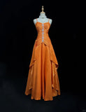 Gorgeous Orange Spaghetti Straps A-Line Satin Long Prom Dresses Formal Evening Gowns with Pleats HZ1108