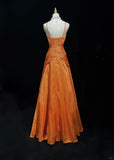 Gorgeous Orange Spaghetti Straps A-Line Satin Long Prom Dresses Formal Evening Gowns with Pleats HZ1108