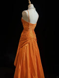 Gorgeous Orange Spaghetti Straps A-Line Satin Long Prom Dresses Formal Evening Gowns with Pleats HZ1108