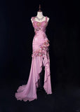 Stunning Mauve Square Neck Mermaid Chiffon Applique Long Prom Dresses Vintage Formal Evening Gowns HZ1108