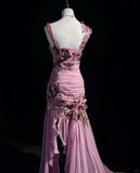 Stunning Mauve Square Neck Mermaid Chiffon Applique Long Prom Dresses Vintage Formal Evening Gowns HZ1108
