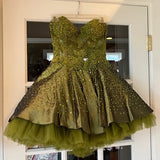 Gorgeous Dark Olive Green Sweetheart Neck A-Line Satin Tulle Short Prom Dresses Homecoming Dresses HZ1108