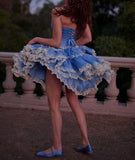 Sweet Blue Strapless A-Line Satin Lace Short Prom Dress Homecoming Dress HZ1108