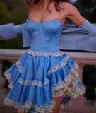 Sweet Blue Strapless A-Line Satin Lace Short Prom Dress Homecoming Dress HZ1108