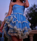 Sweet Blue Strapless A-Line Satin Lace Short Prom Dress Homecoming Dress HZ1108