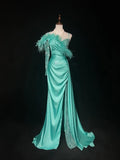 Elegant Blue Satin Asymmetric Neck Mermaid Satin Long Prom Dress Formal Evening Gowns with Slits HZ1108