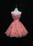 Sweet Hot Pink Spaghetti Strap A-Line Tulle Satin Short Prom Dress Homecoming Dress with Beading HZ1108