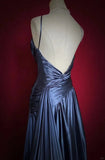 Stunning Navy Blue Spaghetti Straps A-Line Satin Long Prom Dress Formal Evening Gowns with Pleats HZ1108