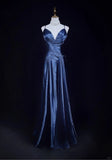 Stunning Navy Blue Spaghetti Straps A-Line Satin Long Prom Dress Formal Evening Gowns with Pleats HZ1108