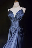 Stunning Navy Blue Spaghetti Straps A-Line Satin Long Prom Dress Formal Evening Gowns with Pleats HZ1108