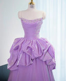 Gorgeous Strapless Purple A-Line Satin Long Prom Dress Formal Evening Gowns HZ1108