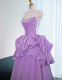 Gorgeous Strapless Purple A-Line Satin Long Prom Dress Formal Evening Gowns HZ1108