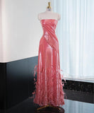 Gorgeous Hot Pink Strapless A-Line Shiny Satin Long Prom Dress Formal Evening Gowns HZ1108