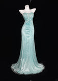 Gorgeous Tiffany Blue Strapless Mermaid Satin Beaded Long Prom Dress Formal Evening Gowns HZ1108
