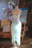 Gorgeous Light Blue Spaghetti Straps Sheath Printed Chiffon Prom Dress Sweet Evening Gowns with Ruffles HZ1108