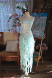 Gorgeous Light Blue Spaghetti Straps Sheath Printed Chiffon Prom Dress Sweet Evening Gowns with Ruffles HZ1108