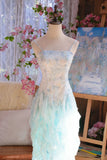 Gorgeous Light Blue Spaghetti Straps Sheath Printed Chiffon Prom Dress Sweet Evening Gowns with Ruffles HZ1108