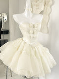 Sweet Off-White Strapless A-Line Tulle Short Prom Dresses Homecoming Dress HZ1108