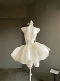 Sweet Off-White Strapless A-Line Tulle Short Prom Dresses Homecoming Dress HZ1108