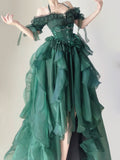 Fairytale Forest Green Halter Neck A-Line Tulle Hi-Lo Long Prom Dresses Formal Evening Gowns HZ1108