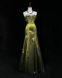 Elegant Green Strapless Mermaid Beaded Satin Long Prom Dresses Formal Evening Gowns HZ1108