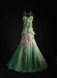 Gorgeous Green Spaghetti Straps Mermaid Beaded Tulle Long Prom Dresses Vintage Lace Evening Gowns HZ1108