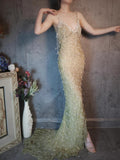Stunning Spaghetti Straps Sheath Beaded Chiffon Long Prom Dresses Elegant Formal Evening Gowns with 3D Appliques HZ1108