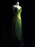 Vintage Green Spaghetti Straps Sheath Beaded Chiffon Long Prom Dresses with Slits HZ1108