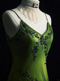 Vintage Green Spaghetti Straps Sheath Beaded Chiffon Long Prom Dresses with Slits HZ1108