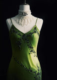 Vintage Green Spaghetti Straps Sheath Beaded Chiffon Long Prom Dresses with Slits HZ1108