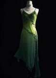 Vintage Green Spaghetti Straps Sheath Beaded Chiffon Long Prom Dresses with Slits HZ1108