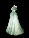 Sweet Green Off Shoulder A-Line Tulle Long Prom Dresses Formal Evening Gowns HZ1108