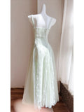 Fairytale Light Green Spaghetti Straps A-Line Tulle Long Prom Dresses Formal Evening Gowns HZ1108