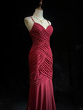 Glam Red Spaghetti Straps Mermaid Chiffon Long Prom Dresses Formal Evening Gowns HZ1108