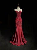 Glam Red Spaghetti Straps Mermaid Chiffon Long Prom Dresses Formal Evening Gowns HZ1108