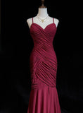 Glam Red Spaghetti Straps Mermaid Chiffon Long Prom Dresses Formal Evening Gowns HZ1108