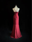 Glam Red Spaghetti Straps Mermaid Chiffon Long Prom Dresses Formal Evening Gowns HZ1108