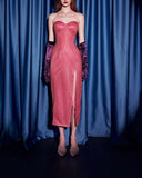 Elegant Strapless Hot Pink Sheath Satin Prom Dresses Formal Evening Gowns HZ1108