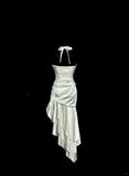 Elegant White Halter Sheath Satin Prom Dresses Formal Evening Gowns HZ1108
