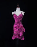 Gorgeous Fuchsia Spaghetti Straps Bodycon Satin Short Prom Dresses Vintage Homecoming Dress HZ1108