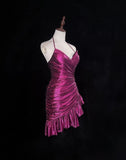 Gorgeous Fuchsia Spaghetti Straps Bodycon Satin Short Prom Dresses Vintage Homecoming Dress HZ1108