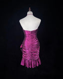 Gorgeous Fuchsia Spaghetti Straps Bodycon Satin Short Prom Dresses Vintage Homecoming Dress HZ1108