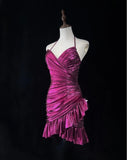 Gorgeous Fuchsia Spaghetti Straps Bodycon Satin Short Prom Dresses Vintage Homecoming Dress HZ1108