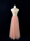 Sweet Blush Pink Round Neck A-Line Tulle Beaded Long Prom Dresses Birthday Evening Gowns HZ1108